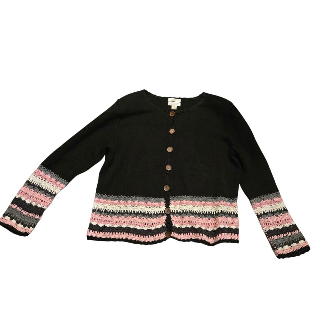 Vintage Y2K Cottagecore Crochet Cardigan Pink Striped Grandpa Sweater Boho XL - Picture 2 of 8